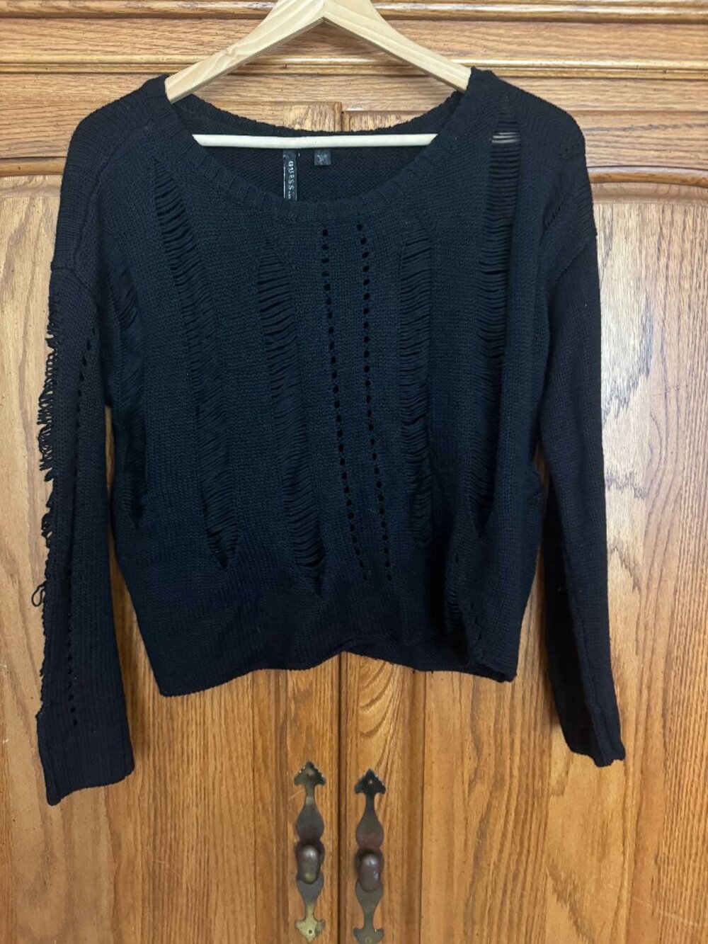 Guess Black Distressed Knit Crew Neck Sweater
